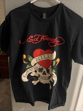 Ed Hardy Black Tee with Red Heart and Skull Graphic